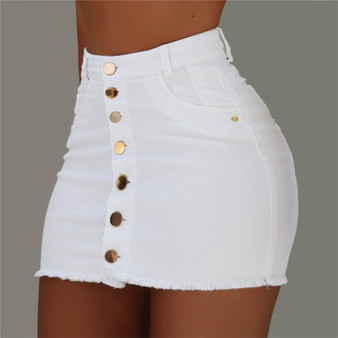 Rejea Summer Women Denim Skirts Fashion Strench High Waist Solid Skirts Lady Buttons Mini Jeans Skirts All-Matching Skinny Skirts