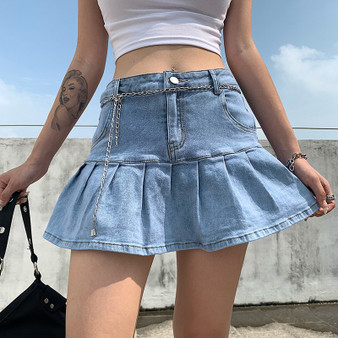 Rejea Pink Denim Pleated Skirts Mini Solid Casual Woman Fashion Korean Style High Waist Skirt with Lined Hot Club Party Girls