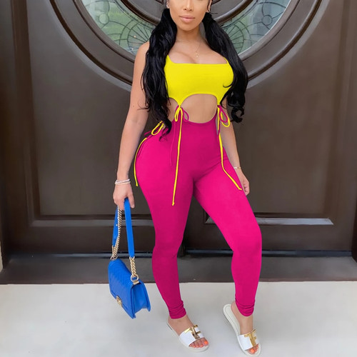 Rejea Hollow Out Patchwork Jumpsuit Rompers Trousers New Sexy Sleeveless Bodycon Jumpsuit Summer Sports Long Pants Jumpsuit
