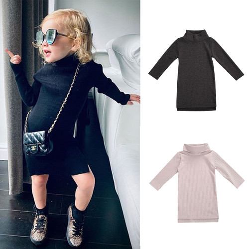 Rejea Toddler Girl Spring Dress Winter Sweater Clothes Solid Color Baby Girls Turtleneck Clothes 2-7 Years