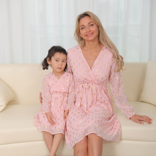 Rejea Spring Mother Daughter Macthing Dresses Family Set Sequin Mom Baby Mommy and Me Clothes Long Sleeve V-neck Women & Girls Dress