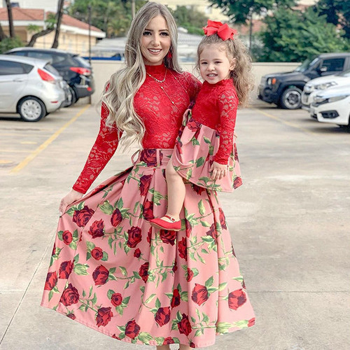 Rejea Mother And Daughter Wedding Dress Family Look New Year Matching Clothes Outfits Long Sleeve Red Lace Christmas Party Dress Girls