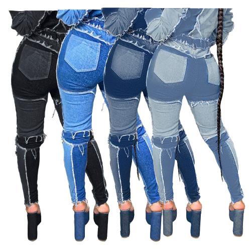 Rejea Women Patchwork Denim Pants Retro Sexy Jeans Ripped Pencil Panelled Trousers Street Skinny High Waist Lady Jean Pants Plus Size