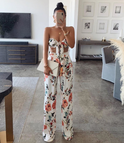 Rejea Summer Women Floral Two Piece Suits Sexy Flowers Print Lace-up Tube Top High Waist Wide Leg Long Pants Lady Party Wear Outfits