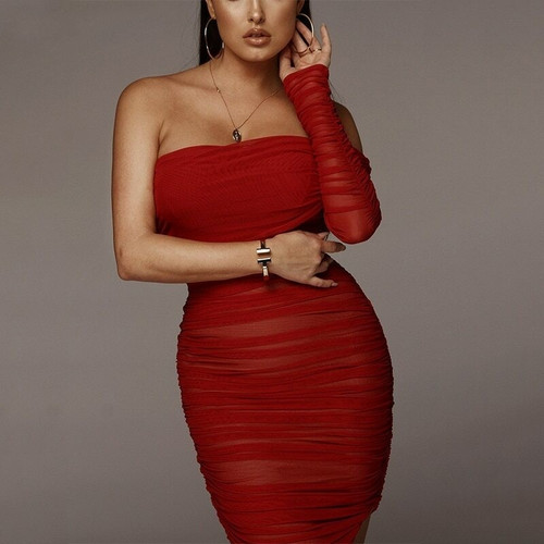 Rejea Strapless Double Layers Bodycon Dress Women Sexy One-Shoulder Wrap Bodycon Bandage Long Dress Party Club Slip Vestidos