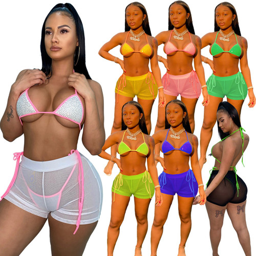 Rejea 3 Piece Set Bikini Set Sheer Mesh Transparent See Through Sexy Beach Swimsuit Summer Sequin Diamond Lace Up Swim Set