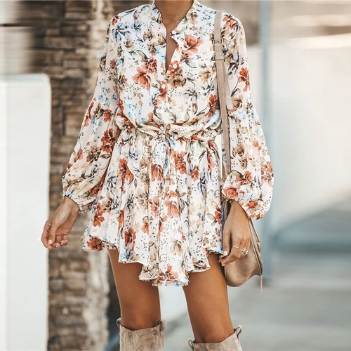 Rejea White Ruffled Mini Vintage Print Irregular Dress Autumn Clothing Lantern Sleeve Elegant Chiffon Dress Lace up Slim Streetwear