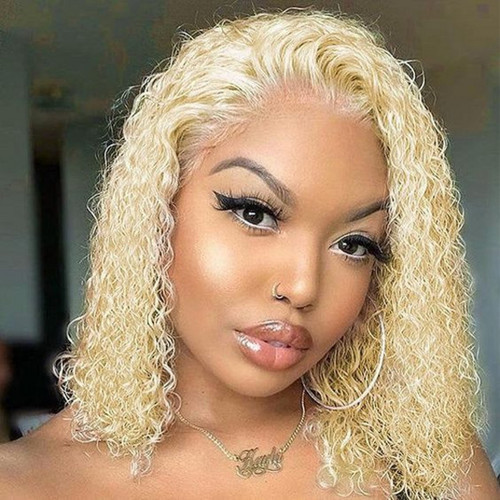 Rejea High Temperature Fiber Short Kinky Curly Wig  Blonde Synthetic Lace Front Wigs With Baby Hair for Women Natural  Cosplay Wig|Synthetic None-Lace  Wigs|