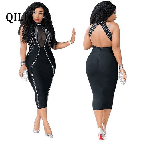 REJEA Women Sexy Party Dress Sleeveless Backless Diamonds Rhinestone Dresses Black See Through Mesh Bodycon Dress Femme