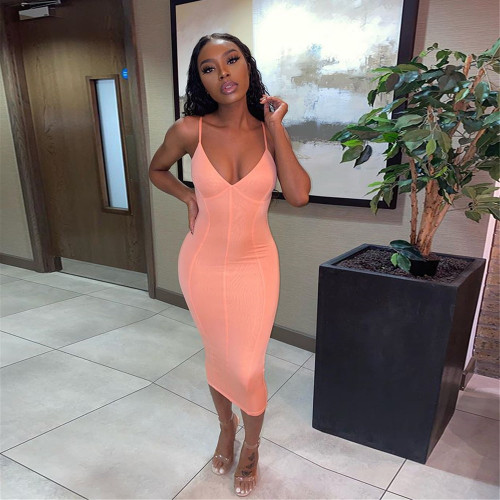 Rejea New Arrival Spaghetti Strap V-Neck Stretchy Hiqh Quality  Sleeeveless Women Off-shoulder Elegant Dress