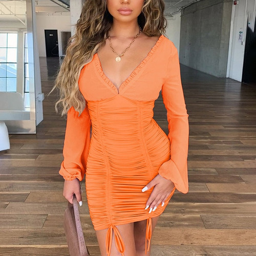 Rejea  Chiffon Summer Autumn Dress Women Sexy Long Sleeve Slim Elastic Bodycon Bandage Dress Short Pleated Party Dresses