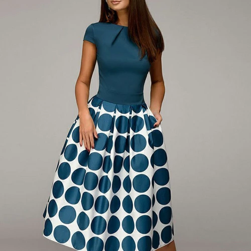 REJEA  Vintage Dot Printing Patchwork A-line Dresses Women Summer Short Sleeves Round Neck Casual Dress Female Vestidos