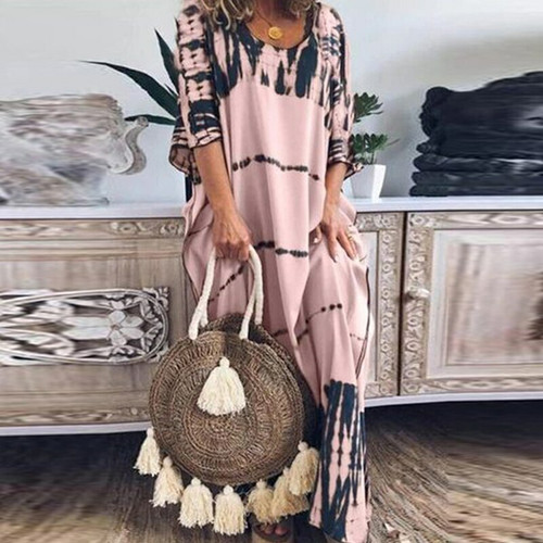 REJEA Women Vintage Short Sleeve Patchwork Long Dresses  Summer Casual Loose Robe Party Dress Ladies O-Neck Maxi Sundress Vestidos