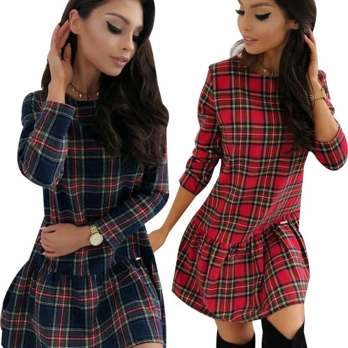 REJEA Plaid Dress For Women Long Sleeve Autumn Fashion Round Neck Loose Lady Mini Dress Red Casual Fall Female Party Dress Vestido