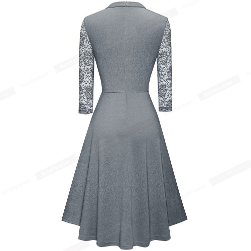 REJEA Nice-forever Autumn Solid Color with Hollow Out Lace Patchwork Retro Dresses Business Party Flare Swing Women Dress A234