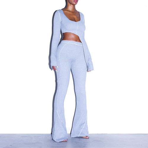 REJEA 2021 New Fashion 2 Two Piece Set Women Ribbed V Neck Long Sleeve Top And Matching Pants Sexy Autumn Tracksuit Workout