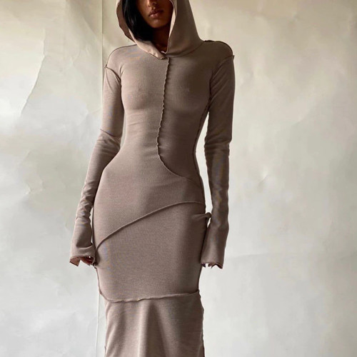 REJEA Long Sleeve Hooded Patchwork Skinny Maxi Dress Autumn Winter Women Fashion Streetwear Casual Outfits