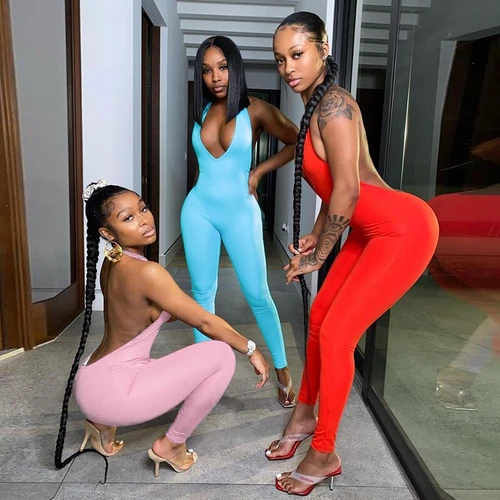 REJEA New Style Women's V Neck Sexy Romper Jumpsuit Off-Shoulder Backless Tight Elastic Home Casual Wear