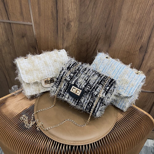 Rejea Popular Simple Female Daily Bag Fashion Female Woolen Shoulder Crossbody Bag Fluffy Chain Travel Square Handbag