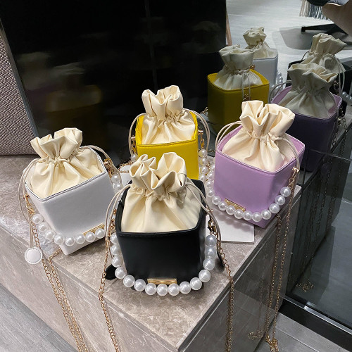 Rejea PU Leather Square Box Crossbody Bags For Women 2021 Pearl Chain Drawstring Shoulder Bags Elegant Ladies Daily Shopping Bag
