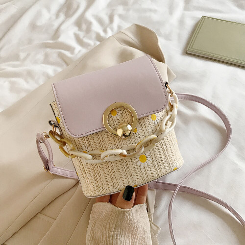 Rejea Straw Shoulder Bag For Women Daisy Bucket Crossobdy Bags Women Woven Beach PU Leather Splicing Totes Lady Travel Handbag