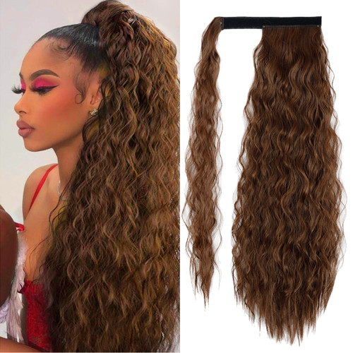 Rejea Synthetic Corn Wavy Long Ponytail  Hairpiece Wrap on Clip Hair Extensions Ombre Brown Pony Tail Blonde Fack Hair