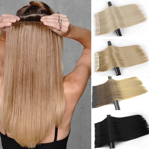 Rejea HAIR 5 Clips Synthetic Hair Long Straight Clip In Hair Extensions False Hair Black Hair Pieces for Women