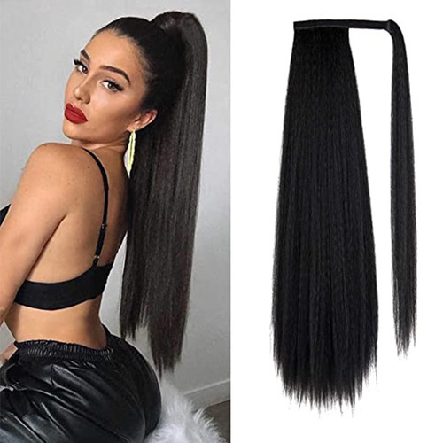 Rejea Black Long Clip in Drawstring Ponytail Extension Wrap Around Long Yaki Straight Pony Tail Hair 28 Inches Synthetic Hairpiece