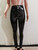 Rejea Fall Winter Black PU Leather Pants Zipper Split Bottom Mid Waist Stretchy Tights Pencil Pants Women Trousers