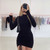 Rejea Long Sleeve Ruched Bodycon Dress Women Turtleneck Bandage Mini Dresses Autumn Black Skinny Stretchy Party Vestidos