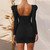 REJEA Spring 2021 Long Sleeves Sexy Backless Black Mini Dress Women Square Collar Stretchy Pleated Bodycon Elegant Sheath Party Dress