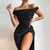 Rejea New Elegant Ruched Bodycon Evening Dress For Women Off Should High Split Party Dresses Summer Sexy Red Vestidos