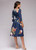 REJEA  Navy Blue 3/4 Sleeves Printed Dress Women Spring Summer Vintage Pocket A-line Casual Dress Elegent Party Vestidos