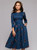 REJEA  Navy Blue 3/4 Sleeves Printed Dress Women Spring Summer Vintage Pocket A-line Casual Dress Elegent Party Vestidos