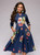 REJEA  Navy Blue 3/4 Sleeves Printed Dress Women Spring Summer Vintage Pocket A-line Casual Dress Elegent Party Vestidos