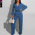 REJEA Women Long Sleeve Pocket Design Wide Leg Jumpsuit