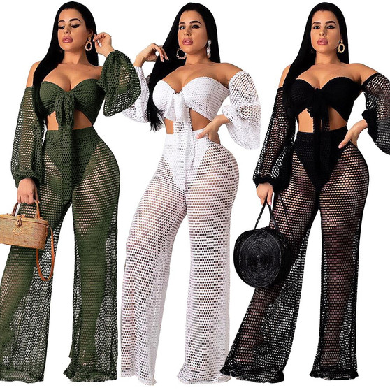 Rejea Summer Hollow out cover ups sexy women off shoulder Top+beach pants bikini swimwear swimsuit cover up beachwear 2PCS/SET