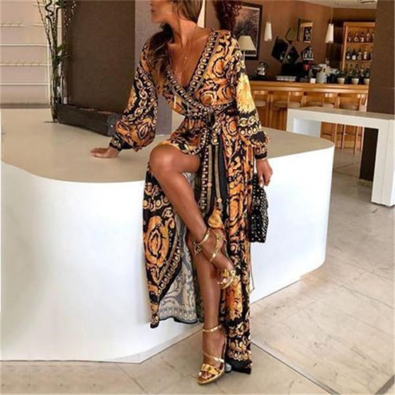 REJEA New Womens Boho Floral Printed Dress Spring Autumn Long Sleeve Long Maxi Dress Sexy V-neck Evening Party Beach Sundress Vestidos