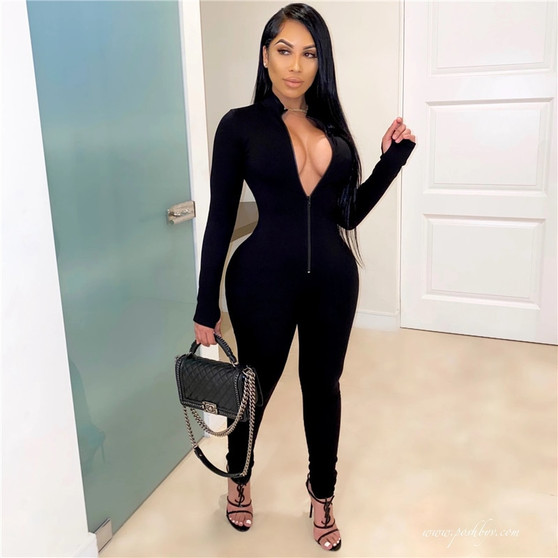 REJEA Autumn Bodycon Playsuit Sexy Jumpsuit Deep V-neck Zip Up Party Club Romper Jumpsuits Pants Solid Color Jumpsuit Streetwear