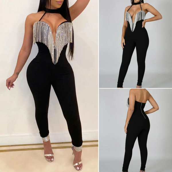 Rejea Women Jumpsuit Romper Long Sleeve Pants Clubwear Trousers Outfit Summer Sexy V Neck Sleeveless Loose Wide Leg Pants Suit