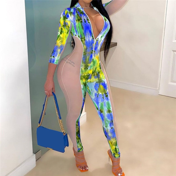 Rejea Tie Dye Print Mesh Patchwork Jumpsuit Rompers New Sexy  V-neck Front Zipper Three Quarter Sleeve One-pieces