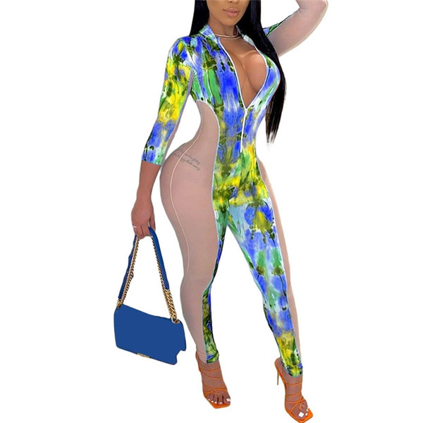 Rejea Tie Dye Print Mesh Patchwork Jumpsuit Rompers New Sexy  V-neck Front Zipper Three Quarter Sleeve One-pieces