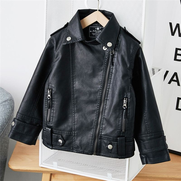 Rejea Girls Boys Black Pu Zipper Jackets Kids Baby Leather Jacket Spring Autumn Cool Coat Children Clothes Overcoats 2-14T