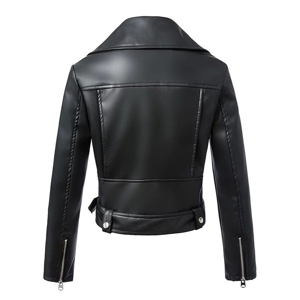Rejea New Women Spring Autumn Black Faux Leather Jackets Zipper Basic Coat Turn-down Collar Motor Biker Jacket With Belt