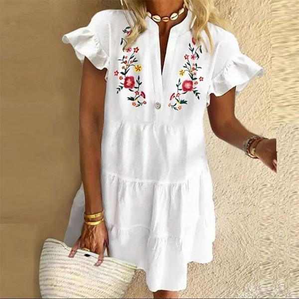 Rejea 2021 Summer V Neck Tassel Beach Dress Spring Vintage Floral Print 3/4 Sleeve Party Dress Women Casual Loose A-Line Dress Vestido