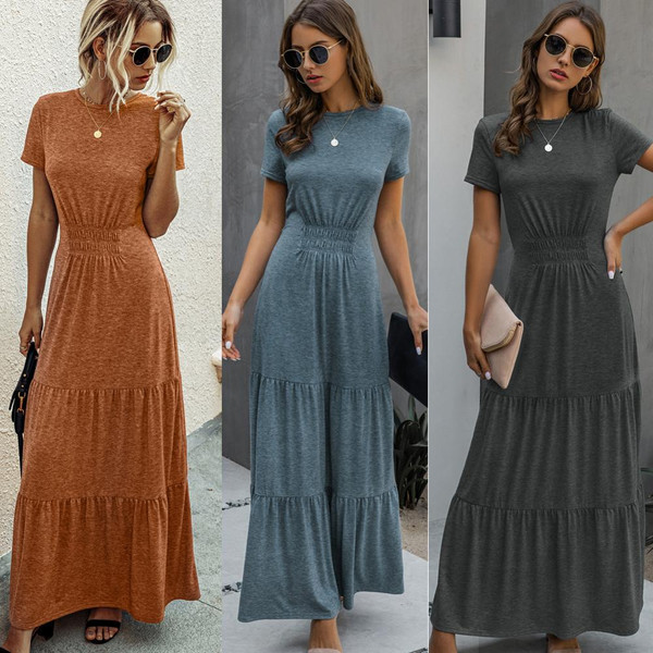 Rejea Casual Maxi Dress Women Elegant O Neck Short Sleeve Long Dress Summer Solid Draped High Waist Ruffle Party Dresses Robe Vestidos