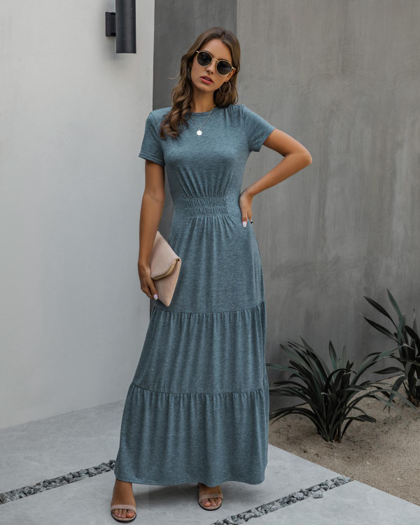 Rejea Casual Maxi Dress Women Elegant O Neck Short Sleeve Long Dress Summer Solid Draped High Waist Ruffle Party Dresses Robe Vestidos