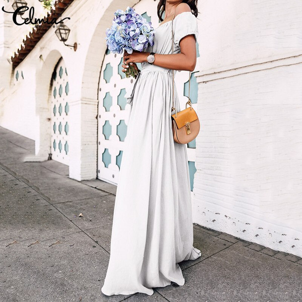 Rejea Plus Size Summer Sundress Women Ruffles Long Maxi Dress Sexy Off Shoulder Short Sleeve Buttons Party Vestidos Mujer