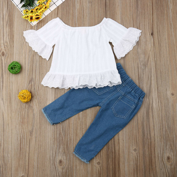 Rejea 1-6Y Toddler Kids Baby Girls Clothes Sets White Tops T-shirt Denim Long Pants Jeans Outfits Set