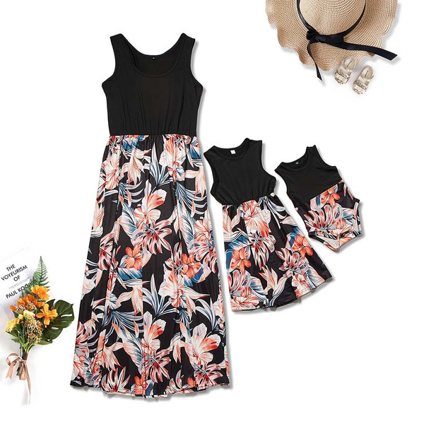 Rejea Spring Family Matching Outfits Autumn Summer Patchwork Floral Long Dress for Mommy and Me Clothes Mother and Daughter Clothes